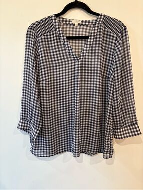 Talbots Navy & White Gingham V-Neck Sheer Blouse